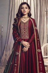 Buy Maroon Art Silk Embroidered Anarkali Suit Set Online - Back