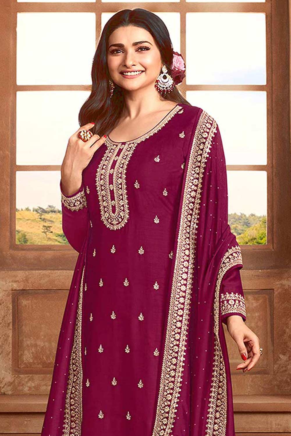 Buy Pink Georgette Silk Embroidered Palazzo Suit Online - Back