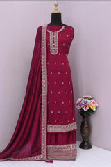 Buy Pink Georgette Silk Embroidered Palazzo Suit Online - Front