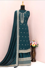 Buy Aqua Blue Georgette Silk Embroidered Palazzo Suit Online - Front