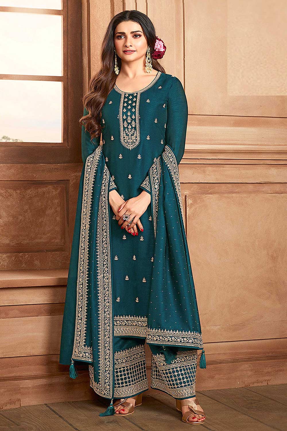 Buy Aqua Blue Georgette Silk Embroidered Palazzo Suit Online