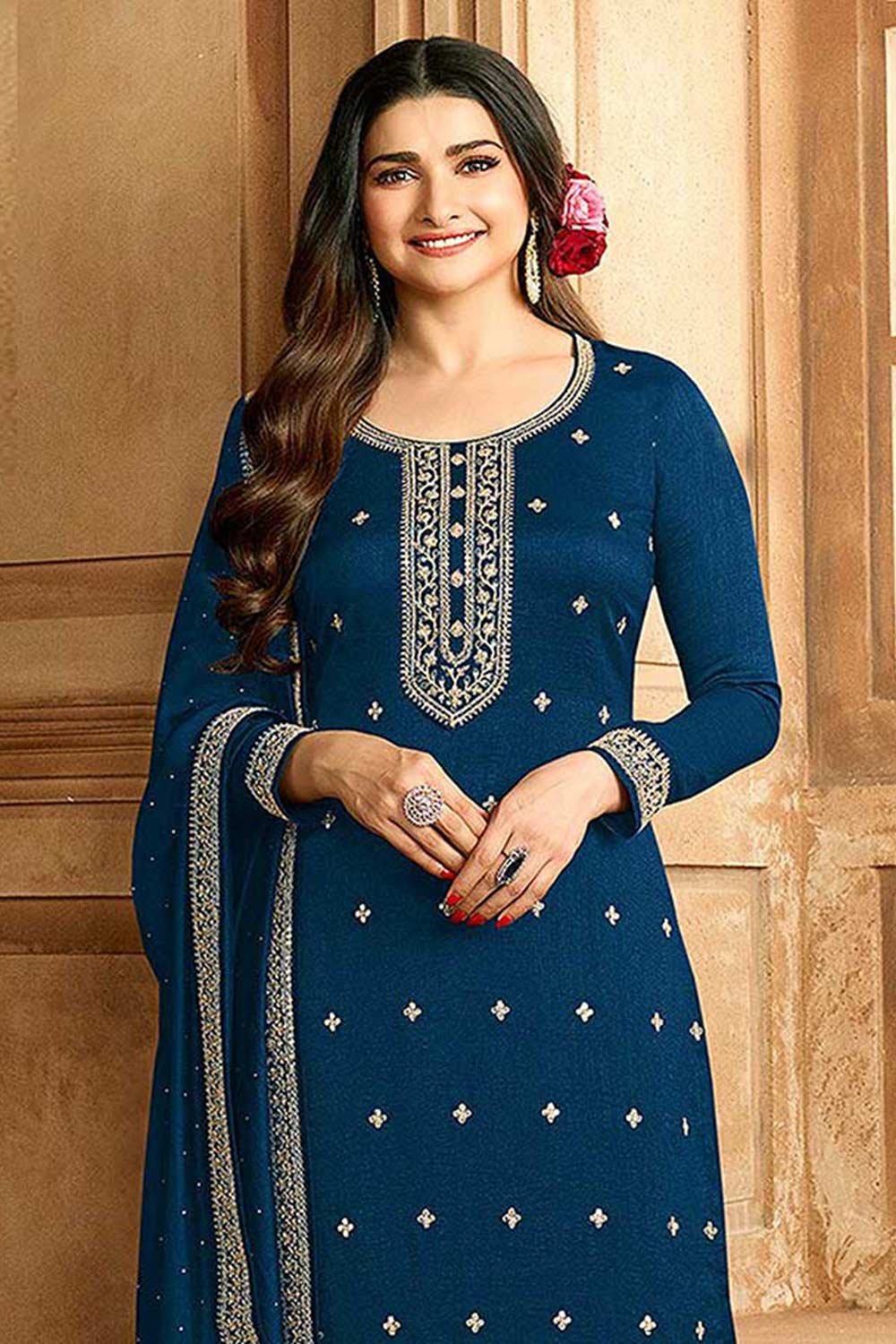 Buy Blue Georgette Silk Embroidered Palazzo Suit Online - Back