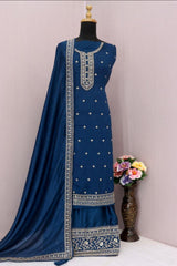 Buy Blue Georgette Silk Embroidered Palazzo Suit Online - Front