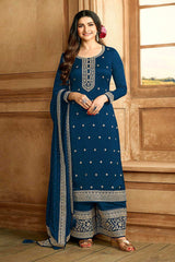 Buy Blue Georgette Silk Embroidered Palazzo Suit Online