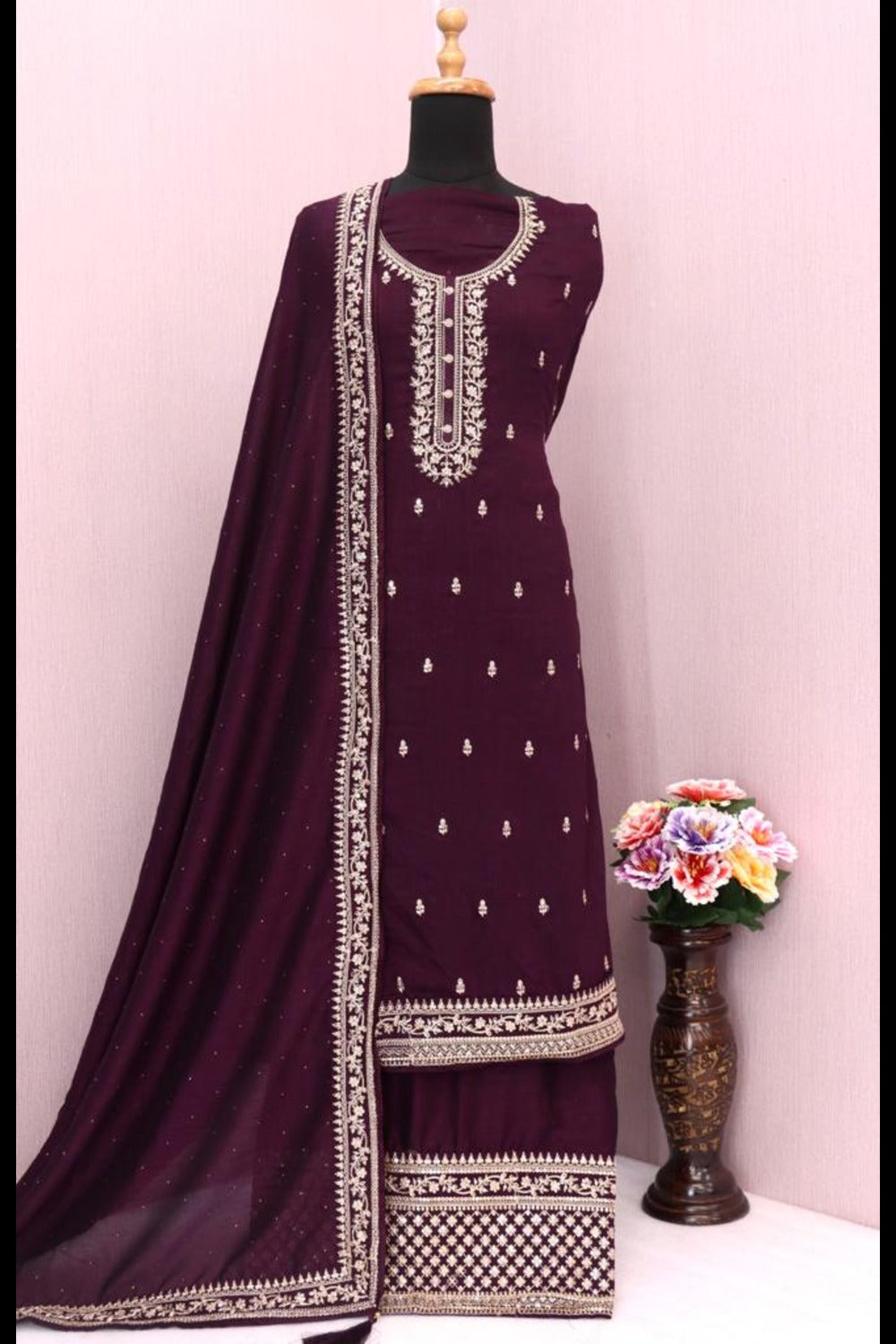 Buy Purple Georgette Silk Embroidered Palazzo Suit Online - Front