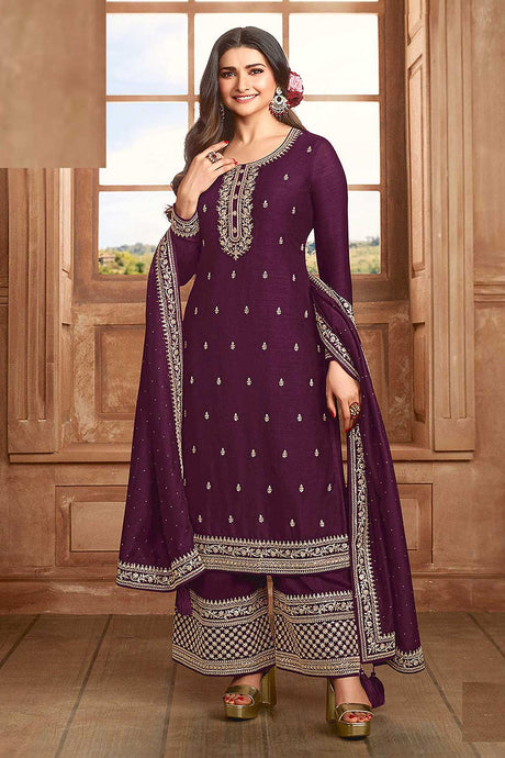 Buy Purple Georgette Silk Embroidered Palazzo Suit Online