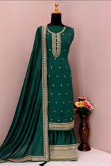 Buy Green Georgette Silk Embroidered Palazzo Suit Online - Front
