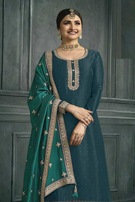 Buy Aqua Blue Georgette Silk Embroidered Palazzo Suit Online - Back