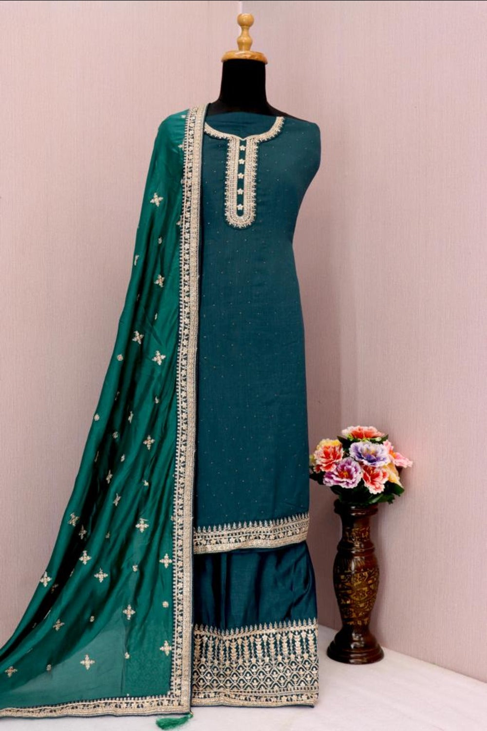 Buy Aqua Blue Georgette Silk Embroidered Palazzo Suit Online - Front