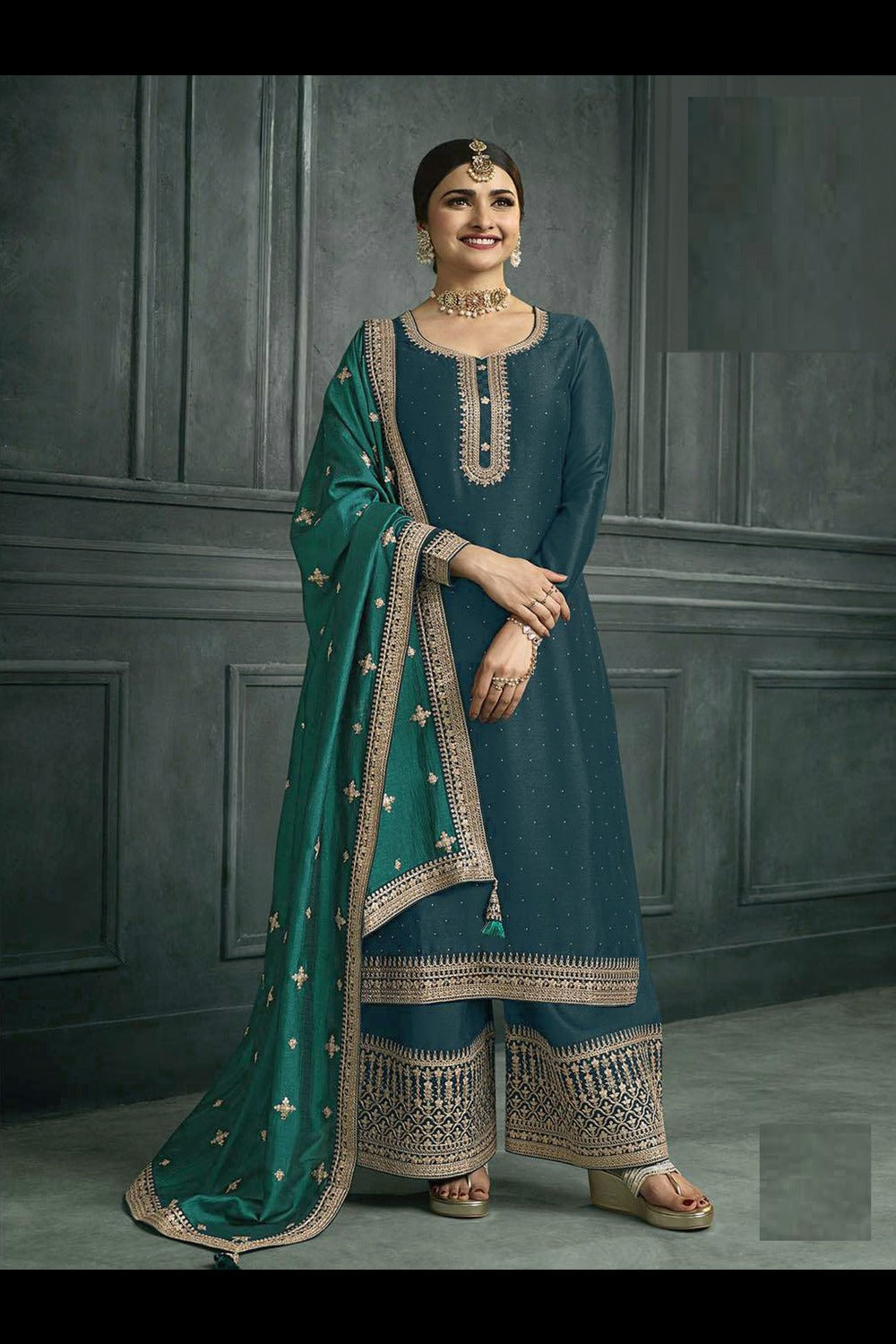 Buy Aqua Blue Georgette Silk Embroidered Palazzo Suit Online - Side