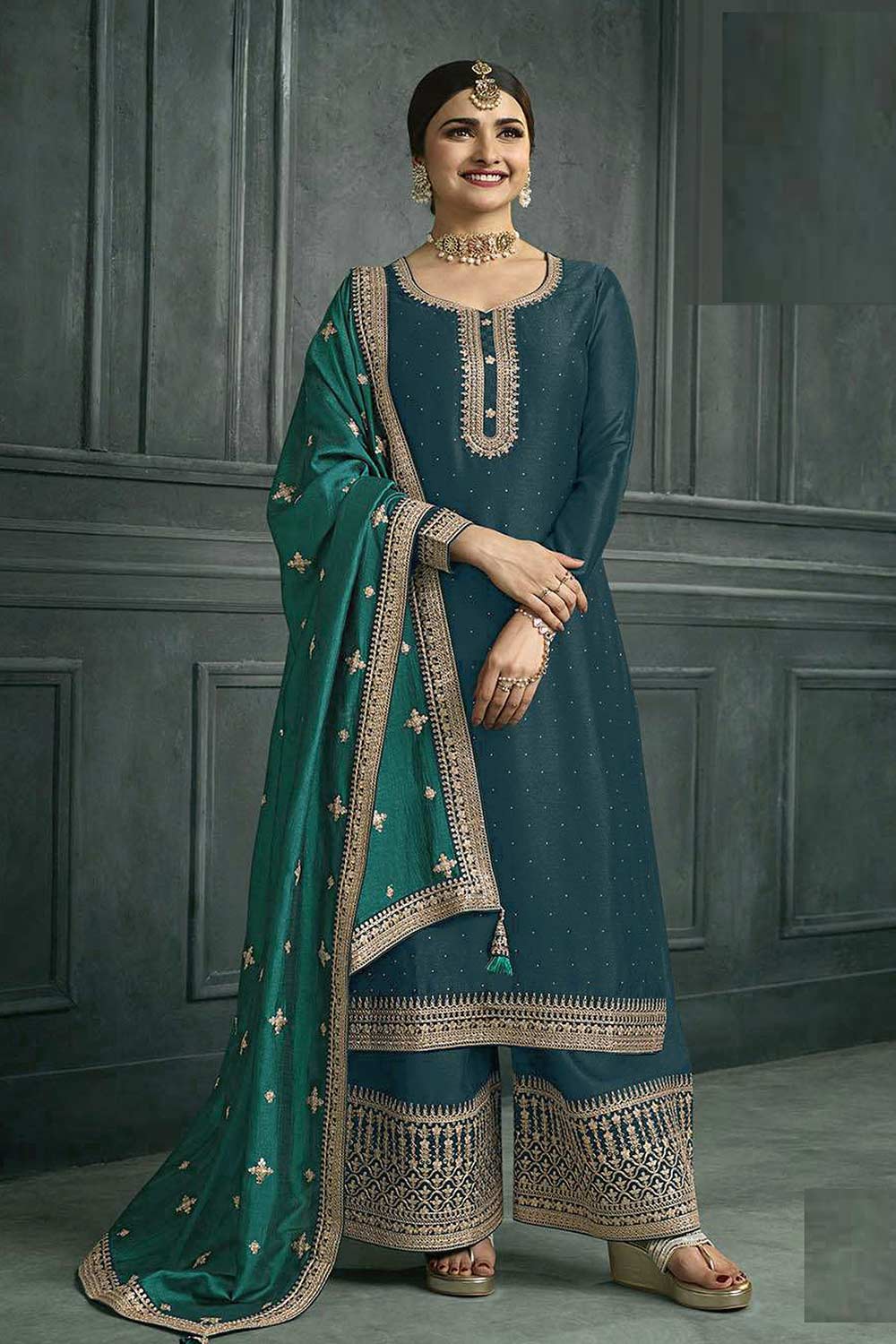 Buy Aqua Blue Georgette Silk Embroidered Palazzo Suit Online