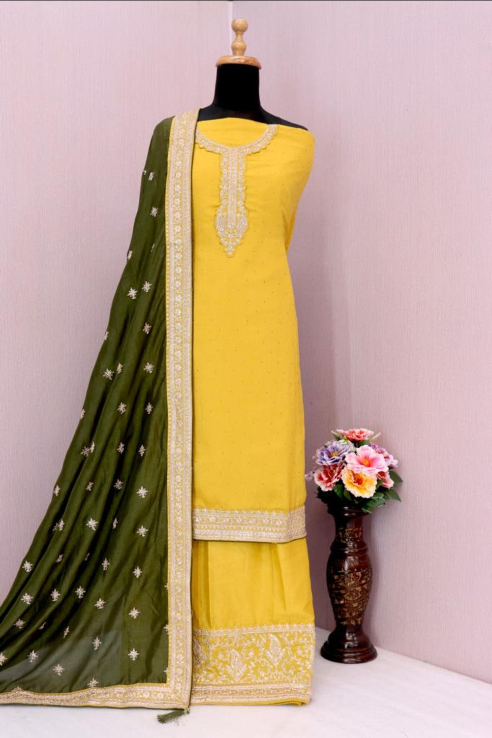 Buy Yellow Georgette Silk Embroidered Palazzo Suit Online - Front