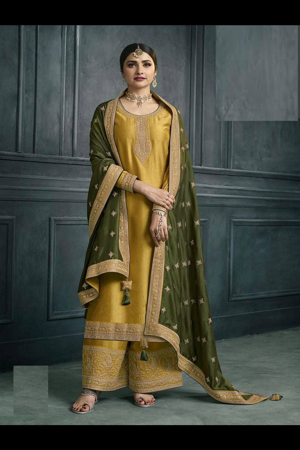 Buy Yellow Georgette Silk Embroidered Palazzo Suit Online - Side
