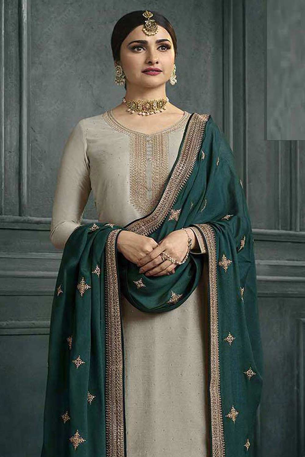 Buy Grey Georgette Silk Embroidered Palazzo Suit Online - Back