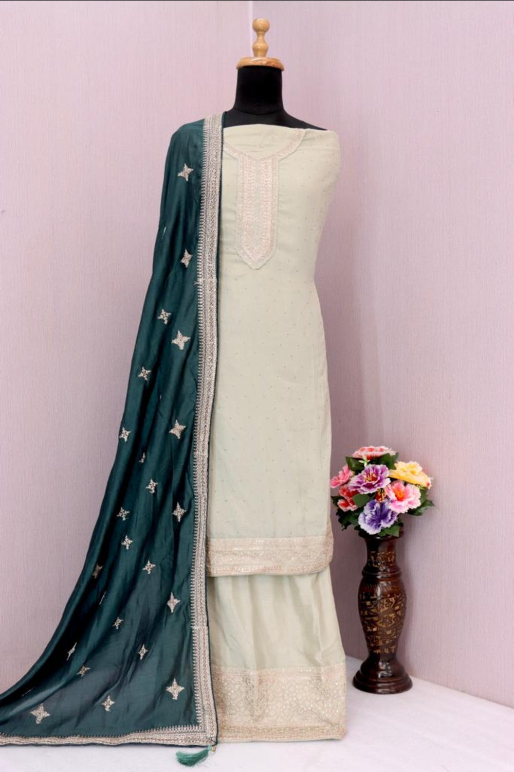 Buy Grey Georgette Silk Embroidered Palazzo Suit Online - Front