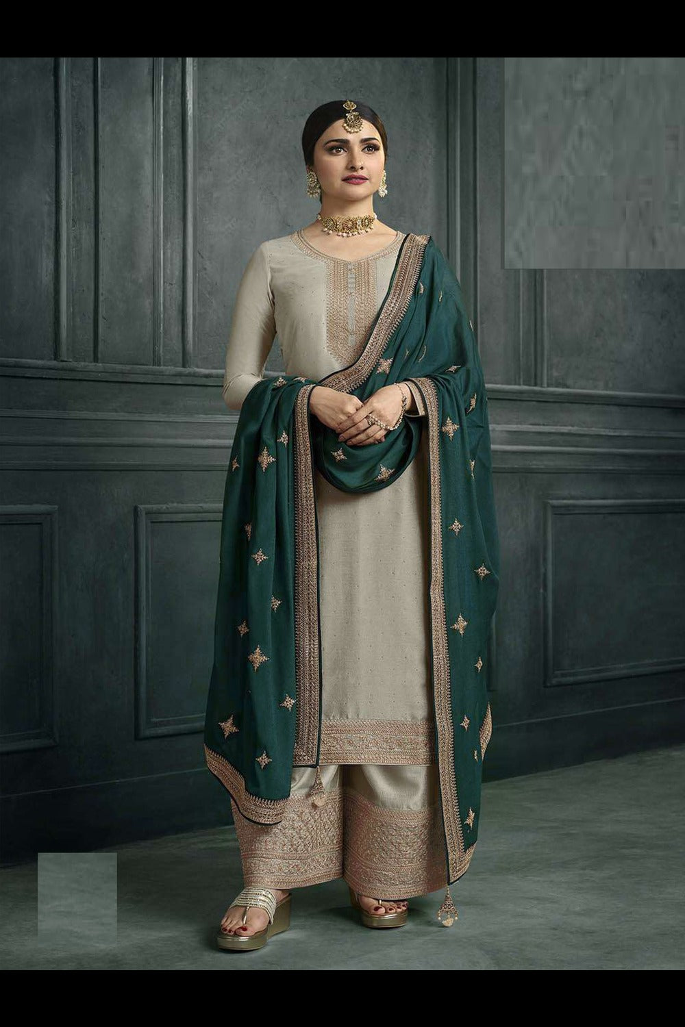 Buy Grey Georgette Silk Embroidered Palazzo Suit Online - Side