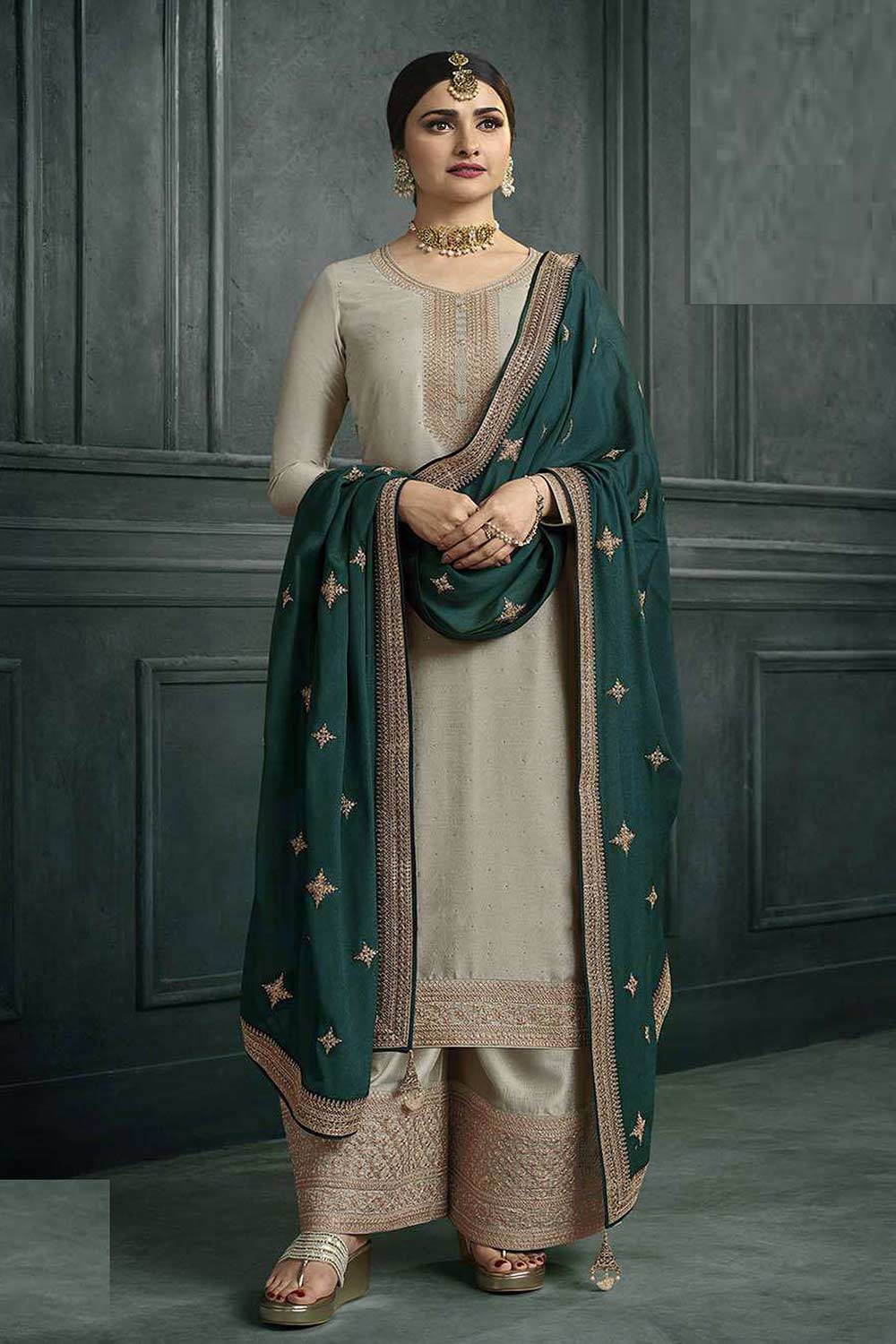 Buy Grey Georgette Silk Embroidered Palazzo Suit Online