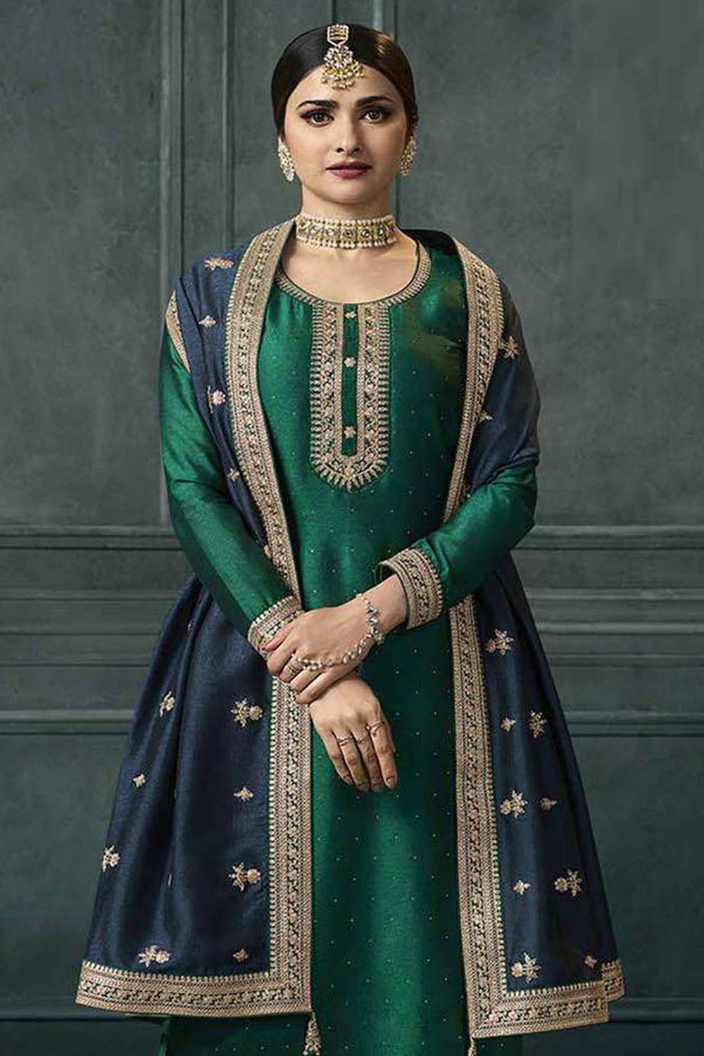 Buy Green Georgette Silk Embroidered Palazzo Suit Online - Back