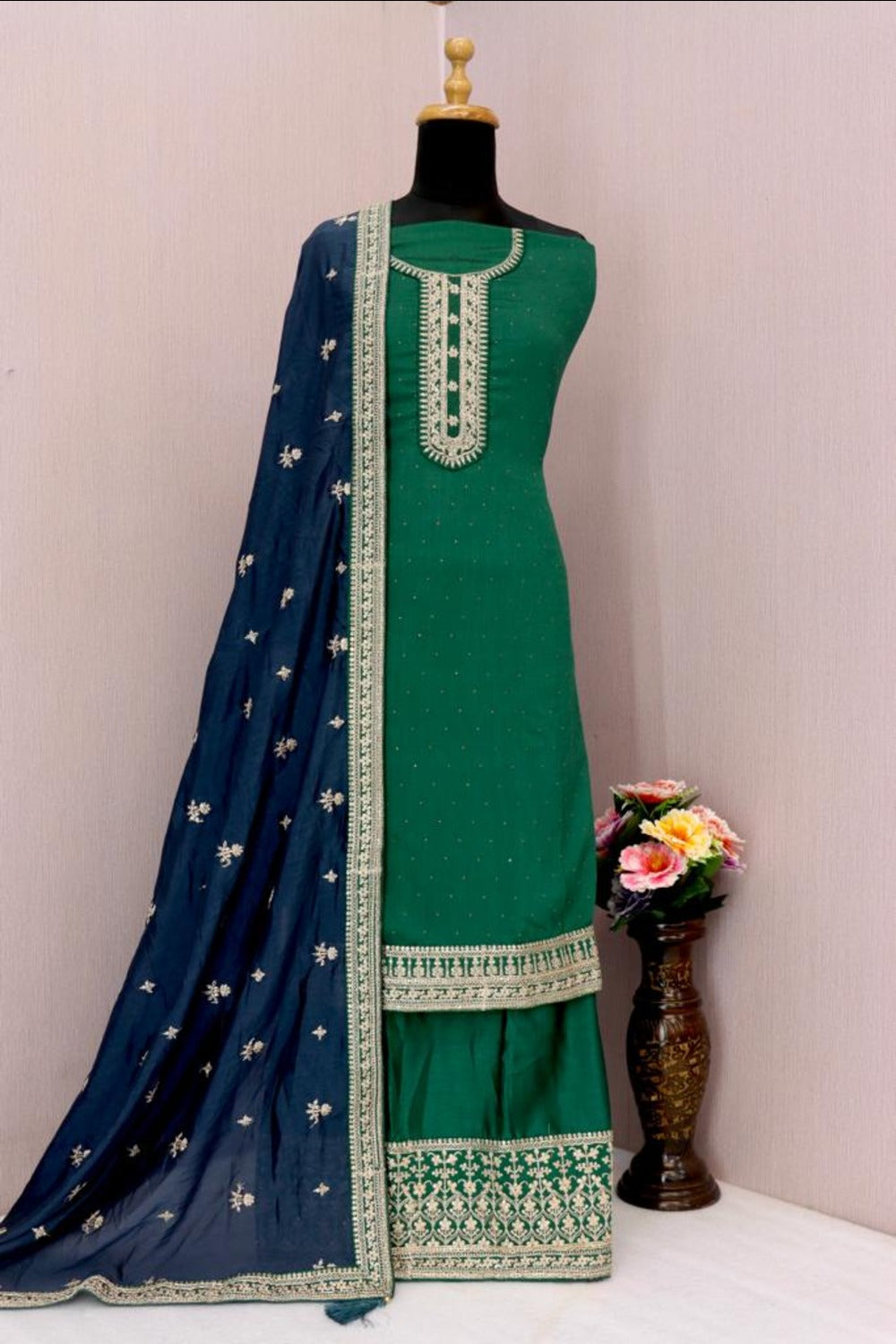 Buy Green Georgette Silk Embroidered Palazzo Suit Online - Front