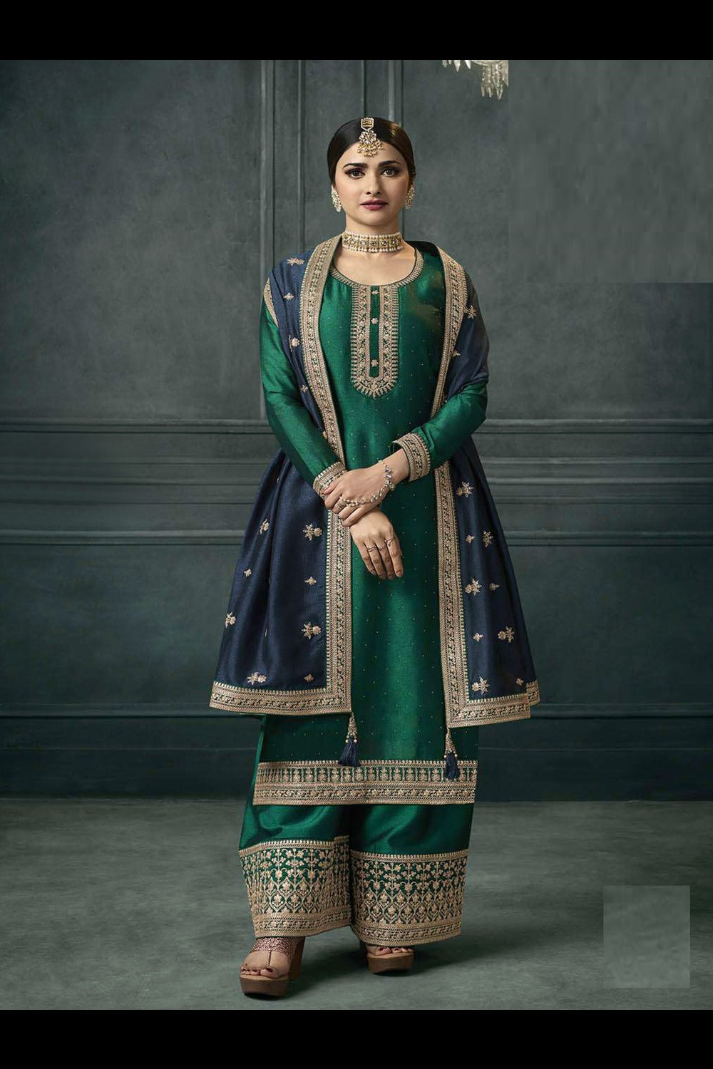 Buy Green Georgette Silk Embroidered Palazzo Suit Online - Side