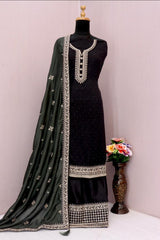 Buy Black Georgette Silk Embroidered Palazzo Suit Online - Front