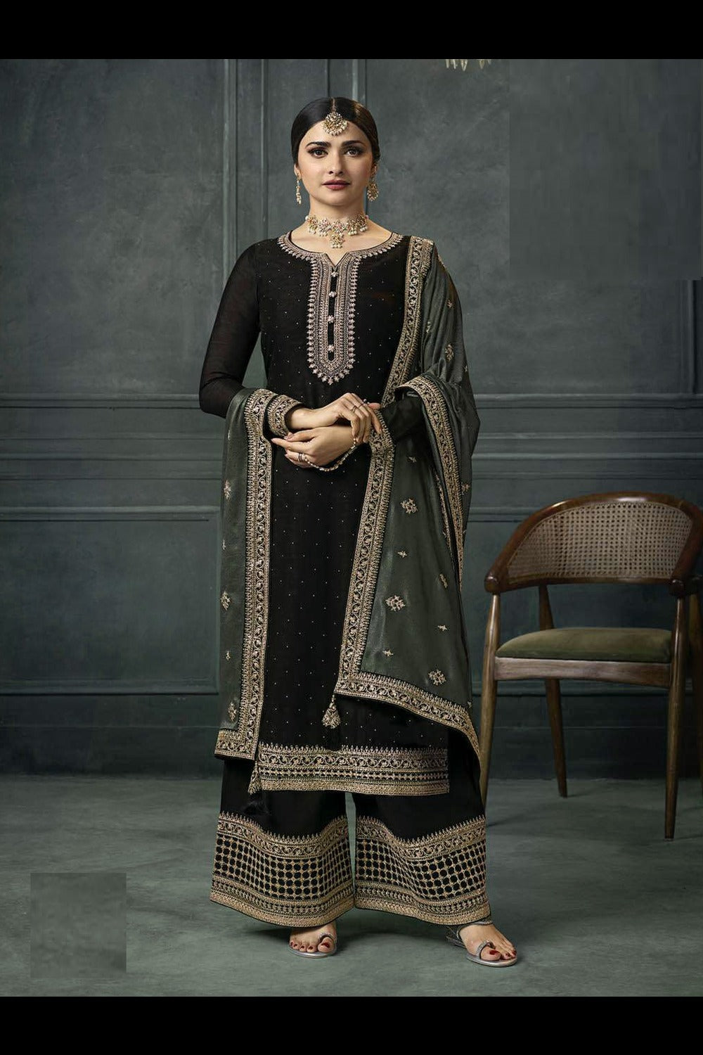 Buy Black Georgette Silk Embroidered Palazzo Suit Online - Side