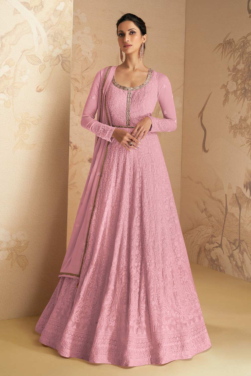 Buy Pink Georgette Thread and Sequins Work Anarkali Suit Set Online