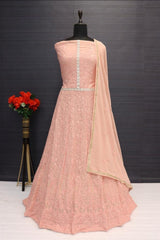 Buy Peach Georgette Thread and Sequins Work Anarkali Suit Set Online - Front
