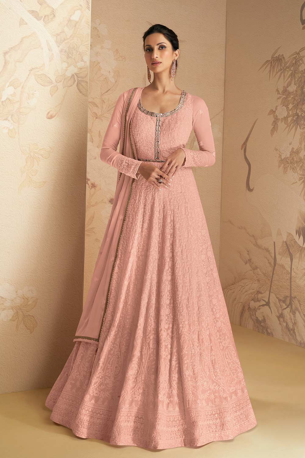 Buy Peach Georgette Thread and Sequins Work Anarkali Suit Set Online