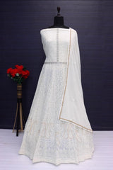Buy White Georgette Thread and Sequins Work Anarkali Suit Set Online - Front