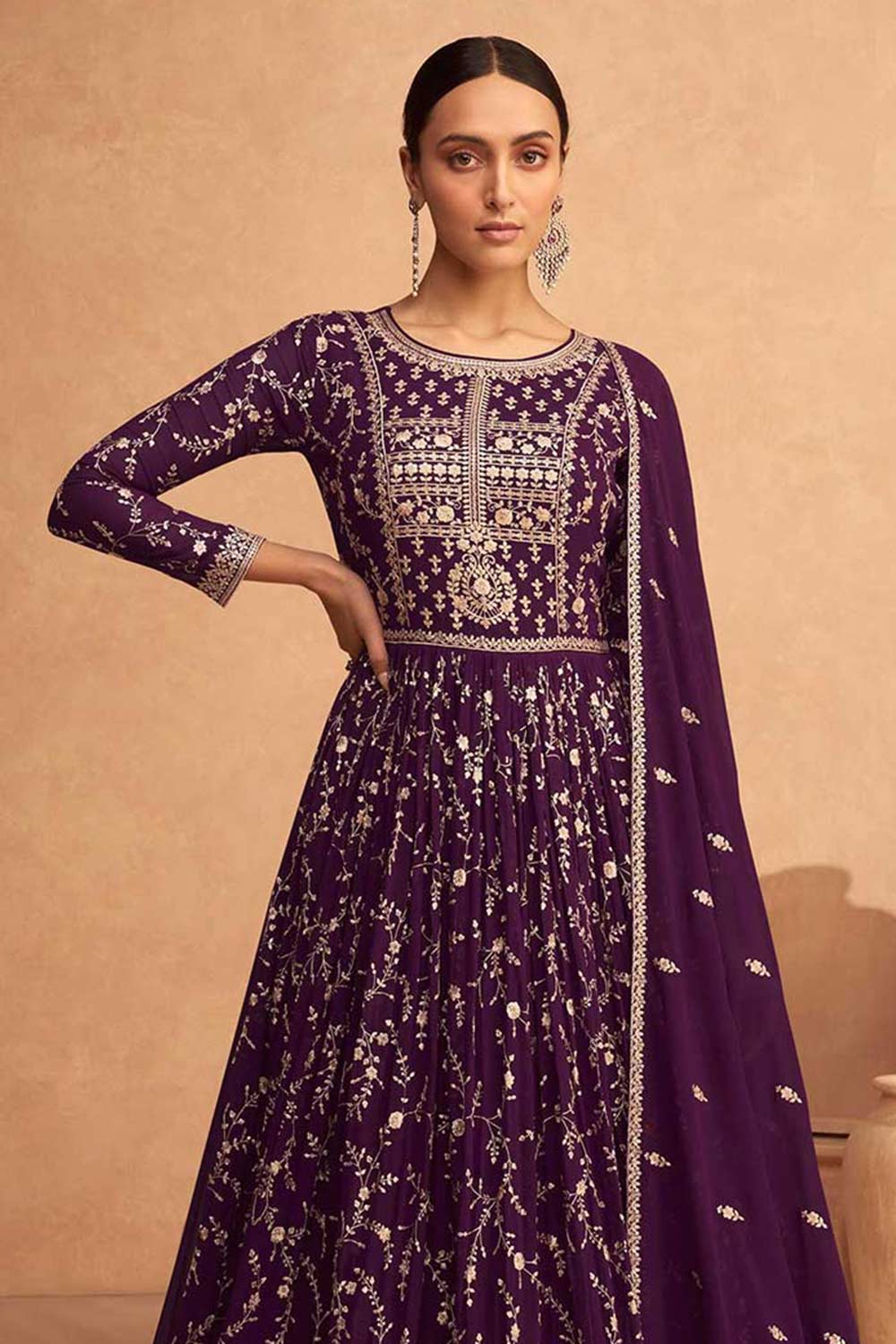 Buy Purple Embroidered Georgette Anarkali Suit Set Online - Back