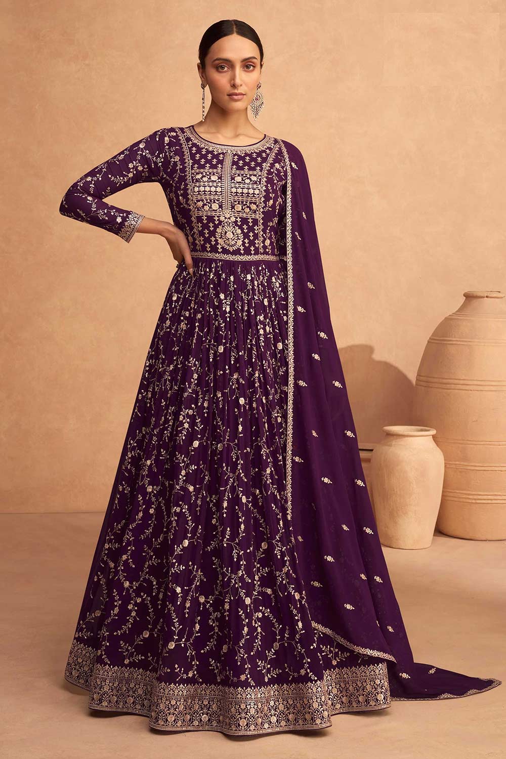 Buy Purple Embroidered Georgette Anarkali Suit Set Online