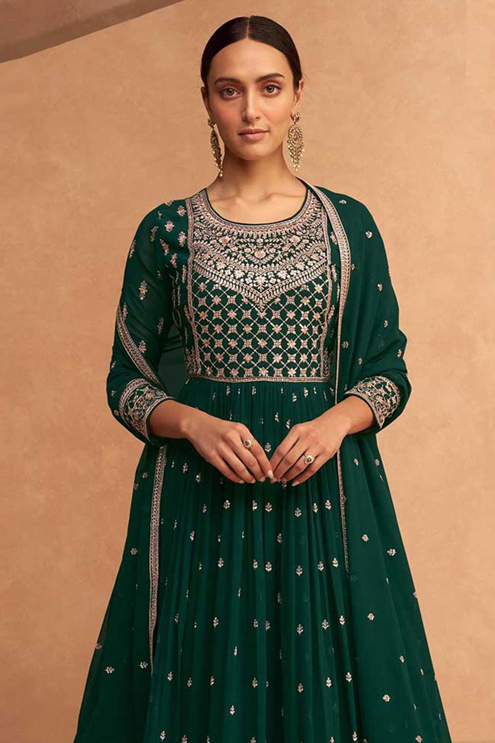 Buy Green Embroidered Georgette Anarkali Suit Set Online - Back