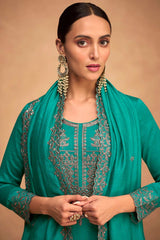 Firozi Floral Embroidered Silk Straight Cut Suit