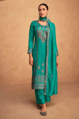 Firozi Floral Embroidered Silk Straight Cut Suit