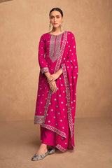 Pink Floral Embroidered Silk Straight Cut Suit