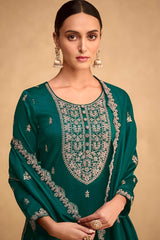 Green Floral Embroidered Silk Straight Cut Suit