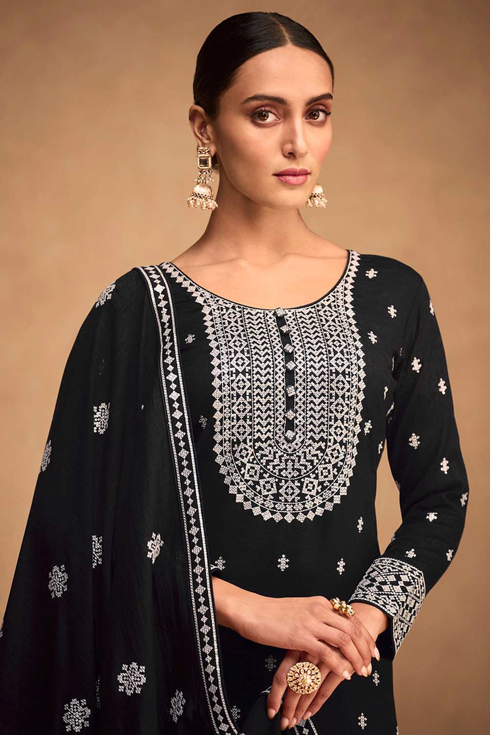 Black Floral Embroidered Silk Straight Cut Suit