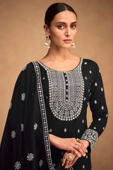 Black Floral Embroidered Silk Straight Cut Suit