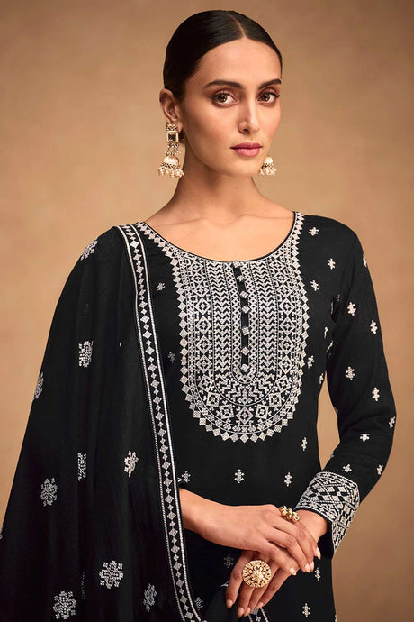 Black Floral Embroidered Silk Straight Cut Suit