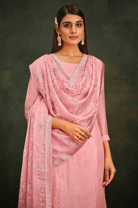 Pink Floral Embroidered And Diamond Work Organza Straight Suit