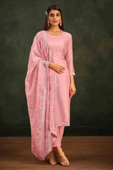 Pink Floral Embroidered And Diamond Work Organza Straight Suit