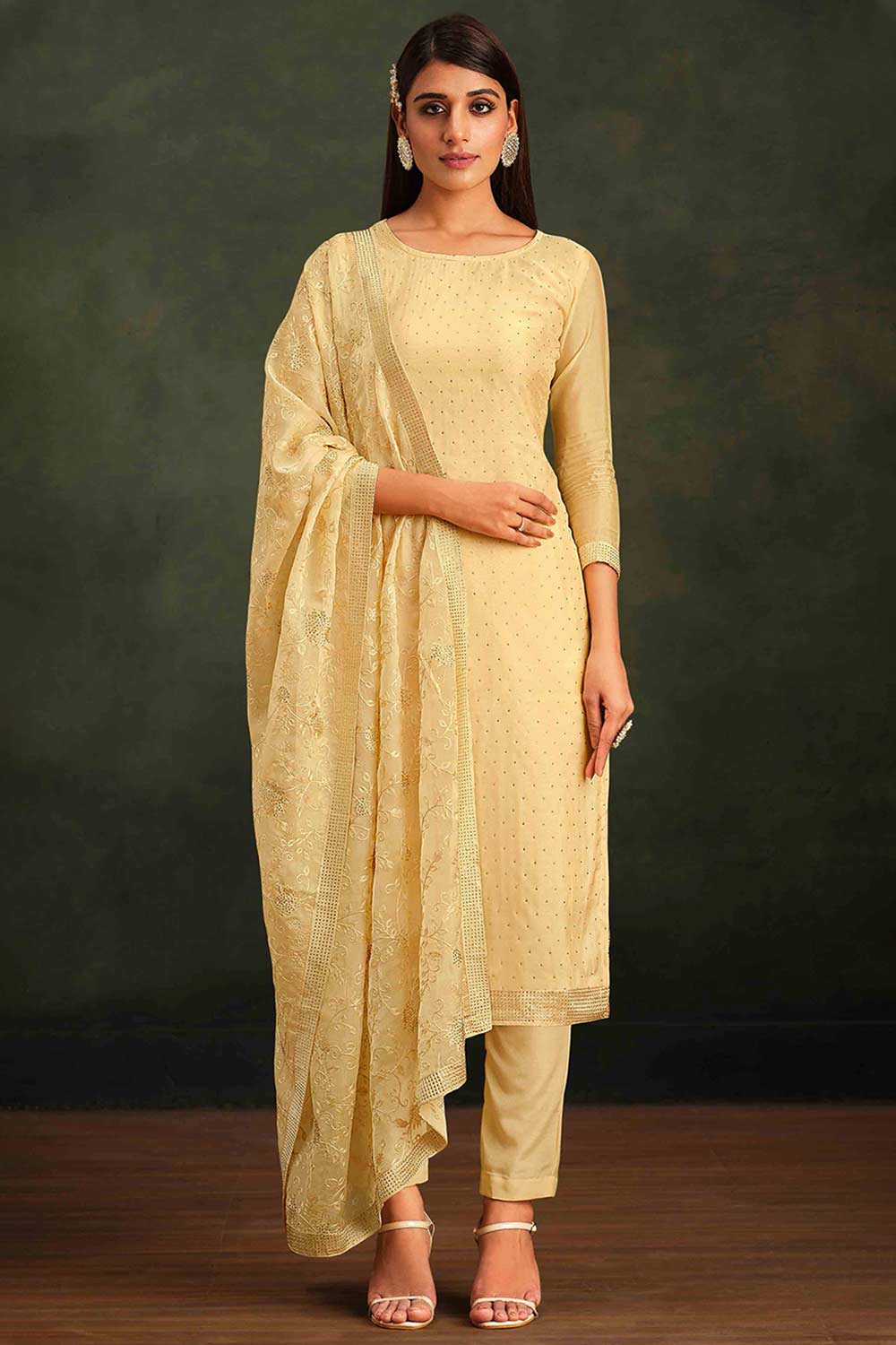 Yellow Floral Embroidered And Diamond Work Organza Straight Suit