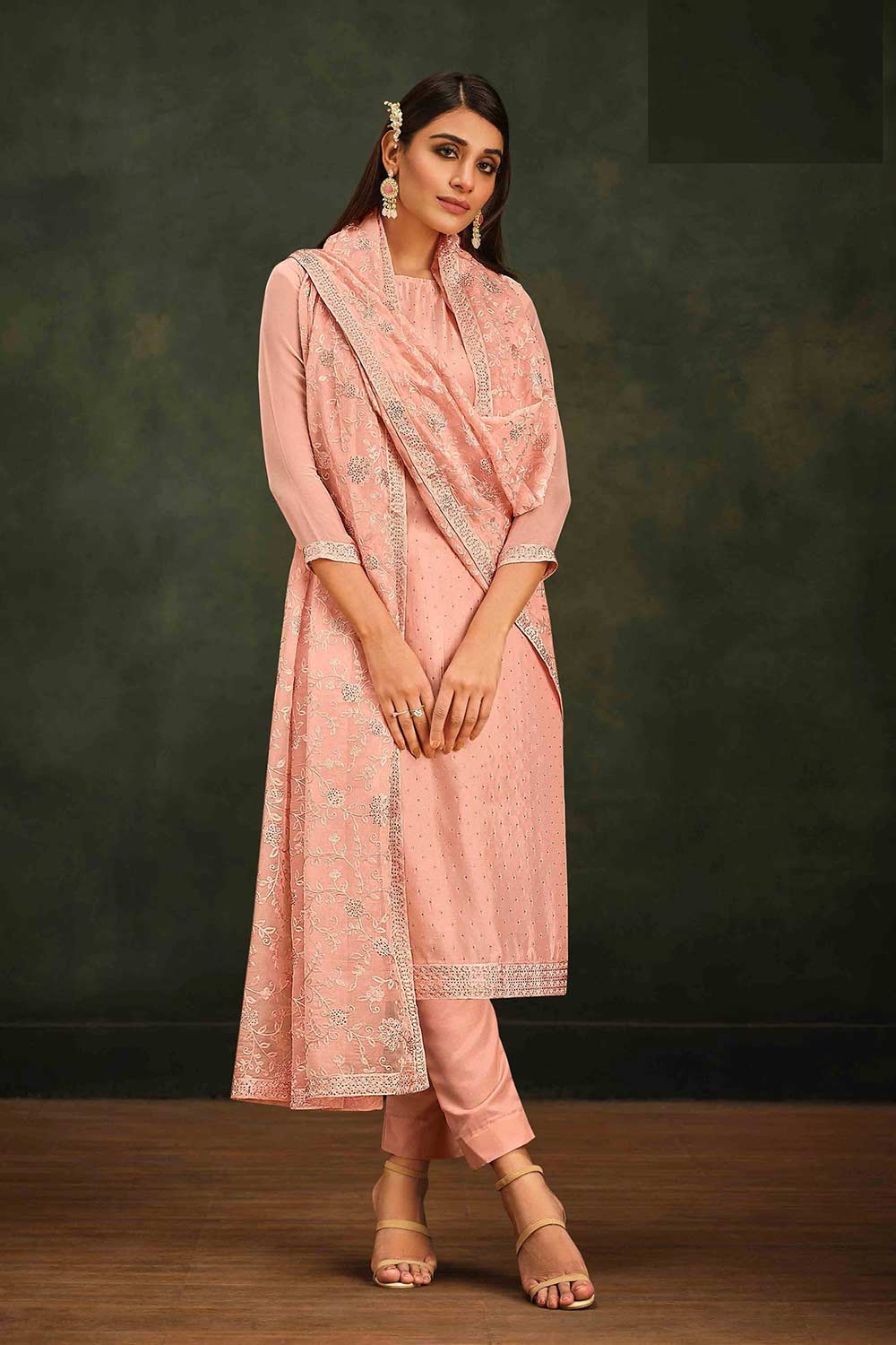 Peach Floral Embroidered And Diamond Work Organza Straight Suit