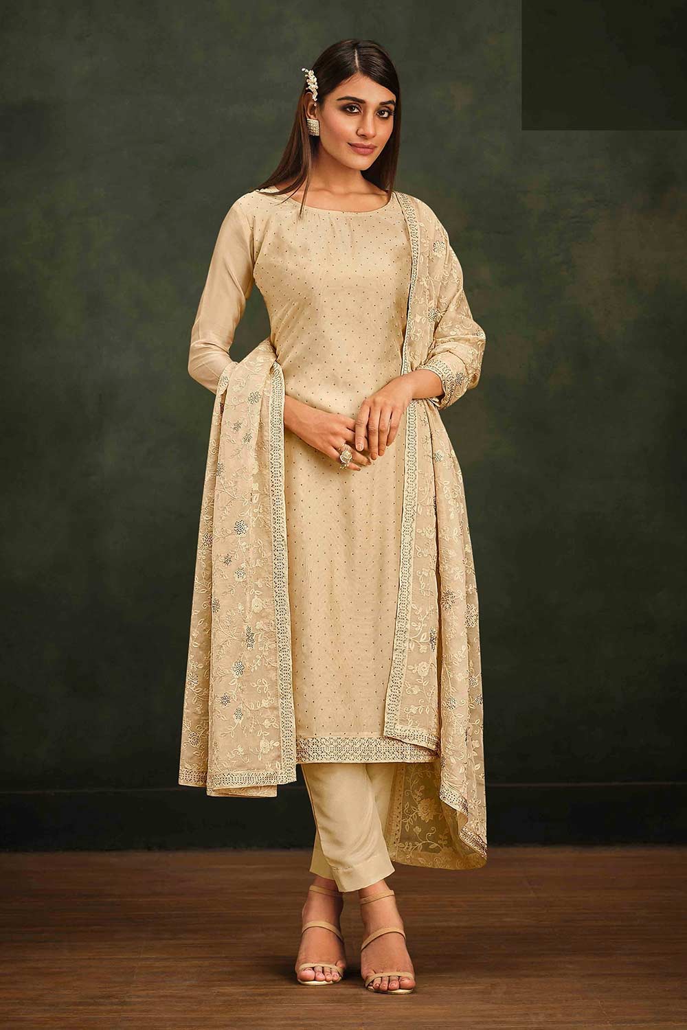 Beige Floral Embroidered and Diamond Work Organza Straight Suit