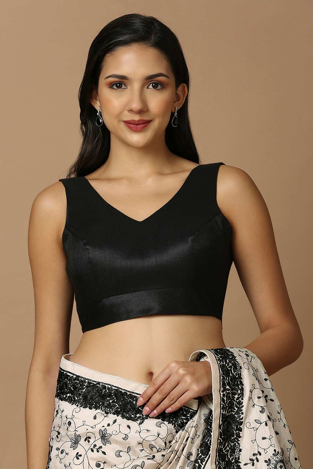 Black Silk Sleeveless Padded Blouse