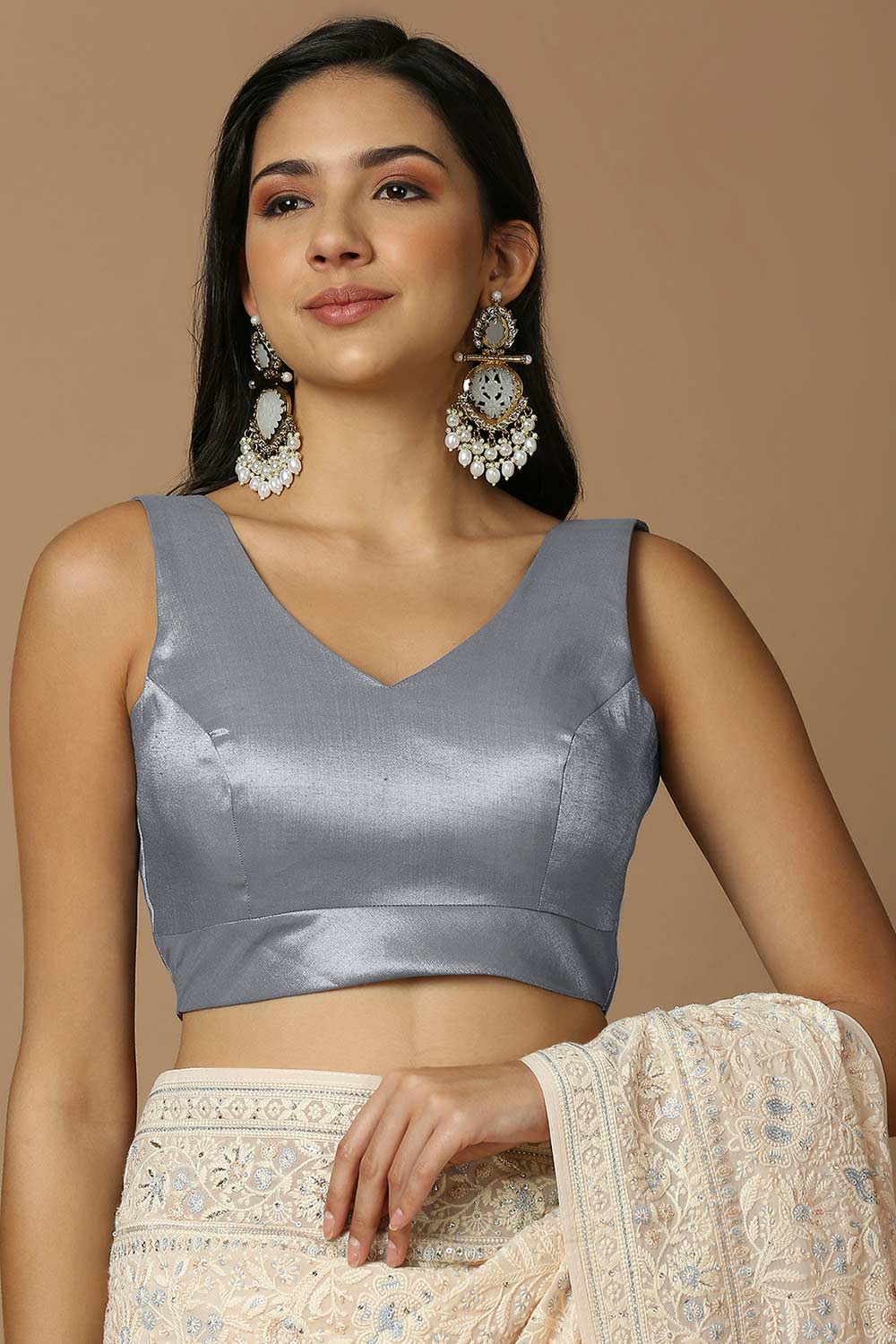 Grey Silk Sleeveless Padded Blouse