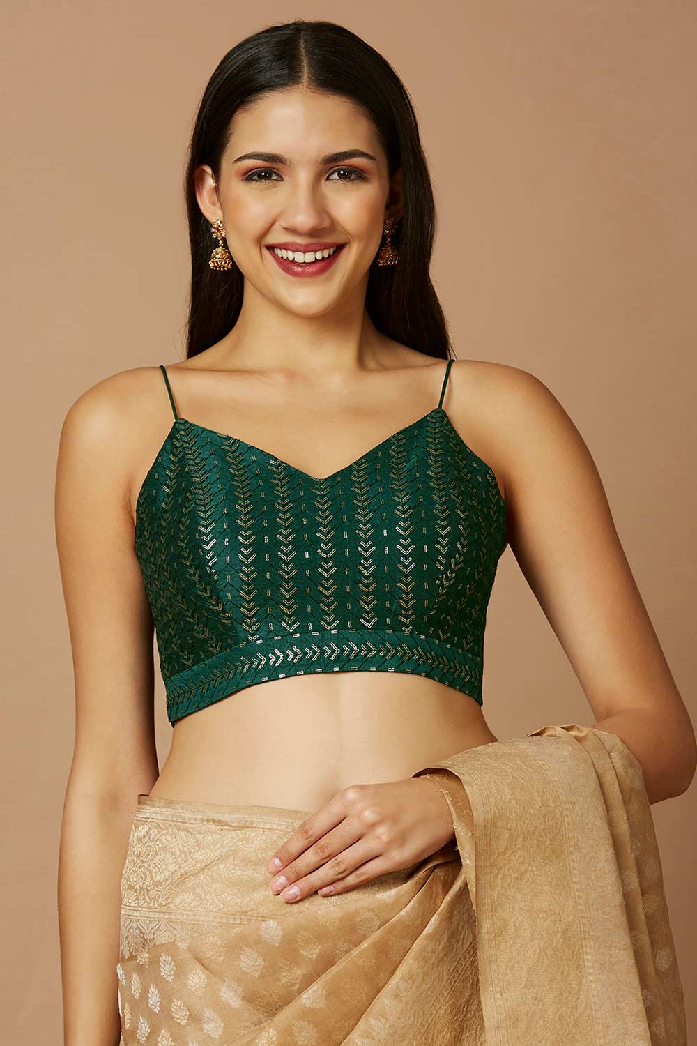 Green Silk Sleeveless Padded Blouse