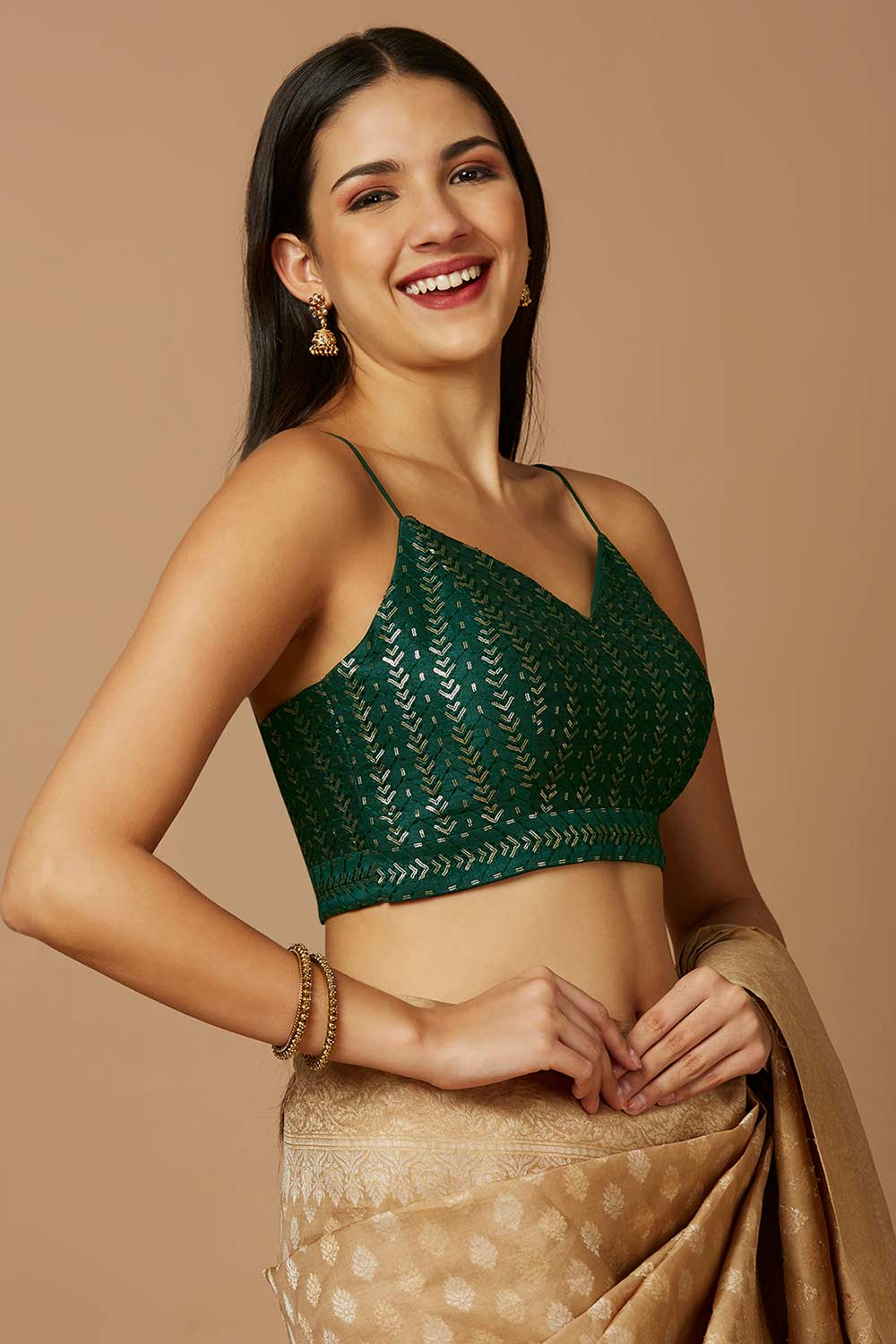 Green Silk Sleeveless Padded Blouse