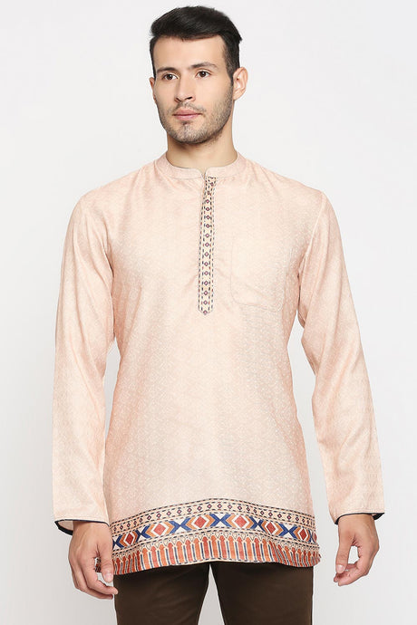 Buy Men's Poly Cottton Printed Short Kurta in Ivory Online